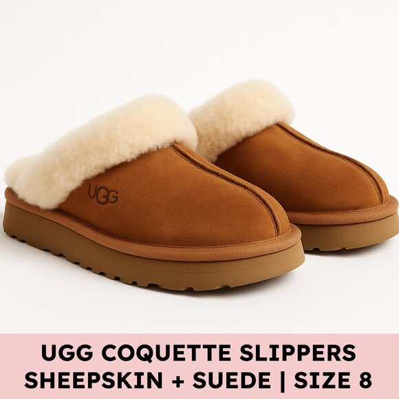 UGG Coquette Suede Sheepskin Slippers Chestnut Neutral Cozycore Size 8 - Picture 1 of 12